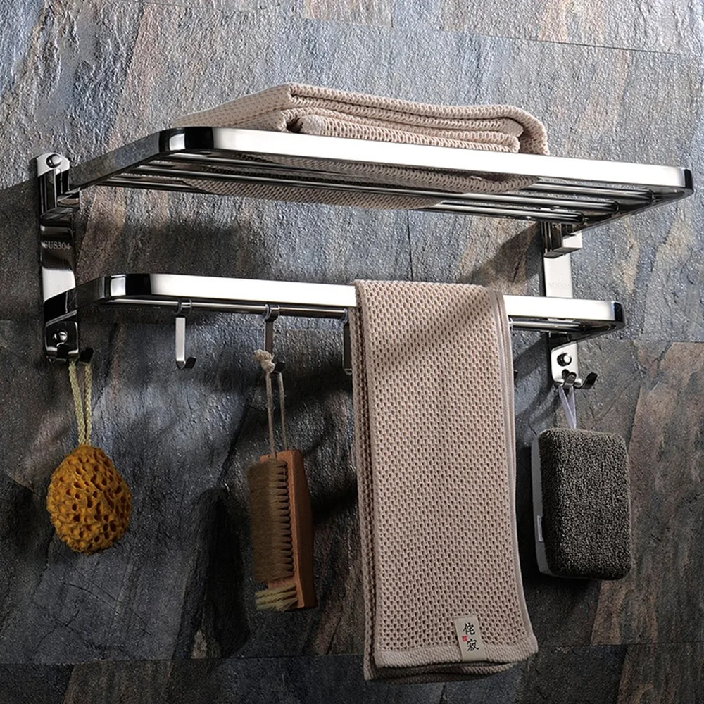

2 Layer Foldable Bathroom Towel Rack Holder Wall Mounted Storage Hanger Kitchen Towel Clothes Shelf 5 Hooks Bathroom Accessories