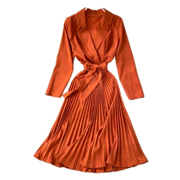 

Women's Blouse Dress Temperament Notched Lacing Waist Over Knee Pleated Dress French Retro Office Lady A-line Shirt Dress ML506