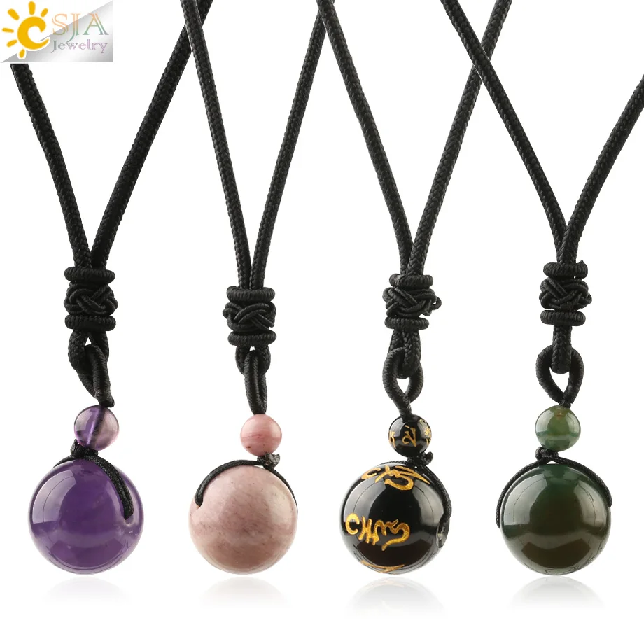

CSJA Natural Reiki Stone Pendant Necklaces Purple Crystal Healing Transfer Lucky Beads Round Ball Energy Jewelry Female Men S466