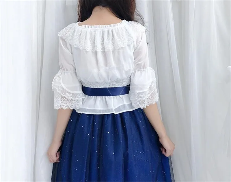 Shinning Stars Lolita Dress Gradient JSK Star Blue Girls Solid Fancy Dress Lace Ruched Pleated and Shirt Set B289