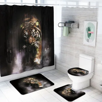 

Practical Animal Print Fashion Bath Mat Home Rugs Assorted With Hooks Universal Non Slip Shower Curtain Set Large Polyester