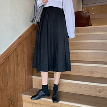 Студенческий стиль, длинные миди юбки, женские, высокая талия, одноцветные, плиссированные юбки размера плюс, винтажные, хлопковые, на молнии, Осень-зима, повседневные, W360