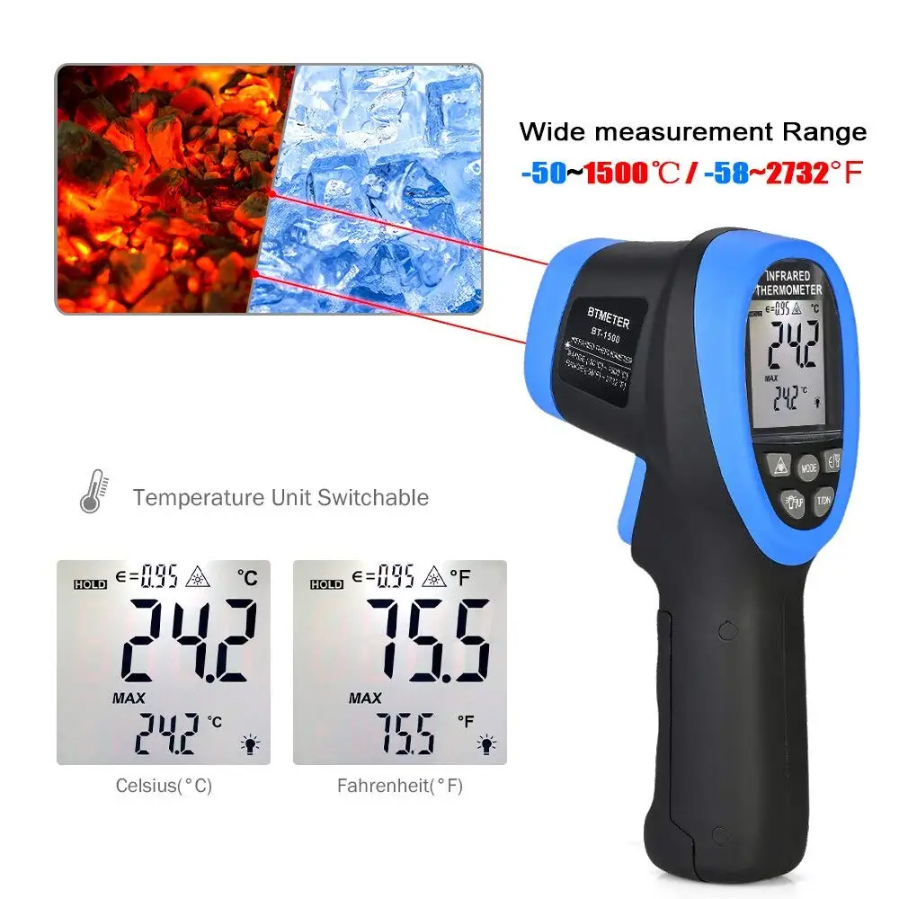 BTMETER BT-1500 лазерный термометр пистолет пирометр 30: 1,-58℉-2732℉(-50℃ до 1500℃) высокотемпературный инфракрасный термометр цифровой ИК-температура