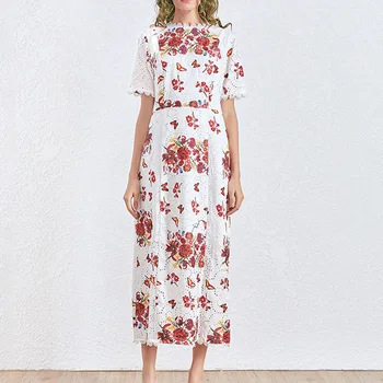 

Galcaur 2020 Vacation Fresh Round Neck Short Sleeve Hollow Out Printing Waist Dress Long Skirt Female