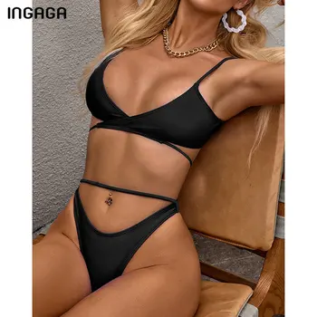 

INGAGA High Waist Bikinis Swimsuits Push Up Swimwear Women 2020 High Leg Biquini Bathers Bathing Suits Solid Cut Out Beachwear