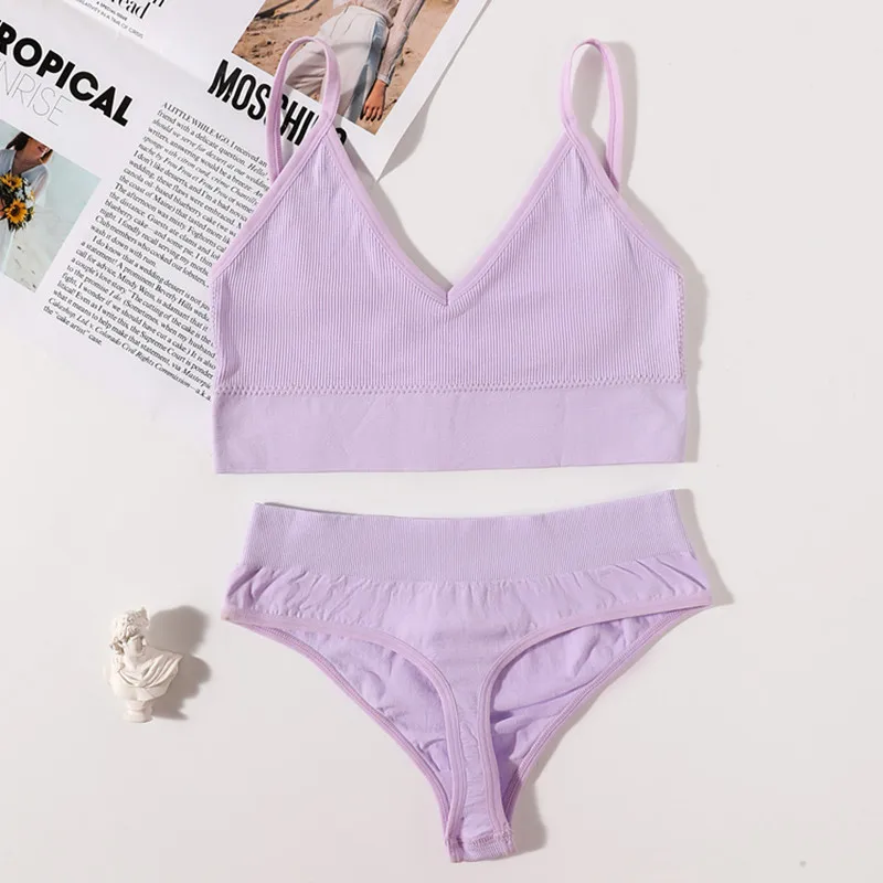 plus size bra and panty sets Women Seamless Bra Set U Back Bra Crop Top Lingerie Set Wirefree Sexy Underwear Rib Fitness Top Hollow Low Rise Cotton Thongs lace bra and panty sets