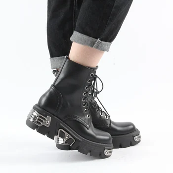 

Perixir Ankle Boots Round Toe Lace Up 6cm Thick Heels Shoes Woman Metal Decoration 2020 Autumn Winter Warm Black Boots Lady