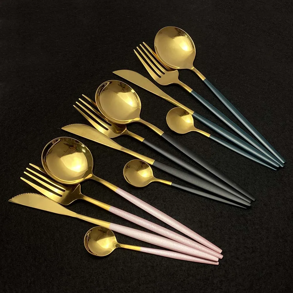 US $20.51 24pcs New Green Gold Cutlery Set Mirror Dinnenrware Set Stainless Steel Flatware Dinner Knife Fork Spoon Teaspoon For Home