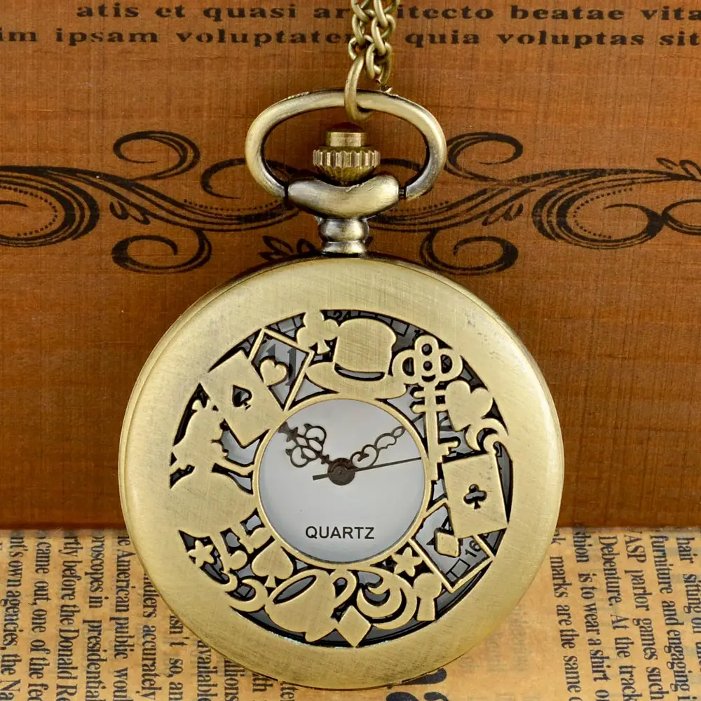

IBEINA Vintage Bronze Alice In Wonderland Hollow Quartz Pocket Watch Charm Classic Men Women Pendant Necklace Gift