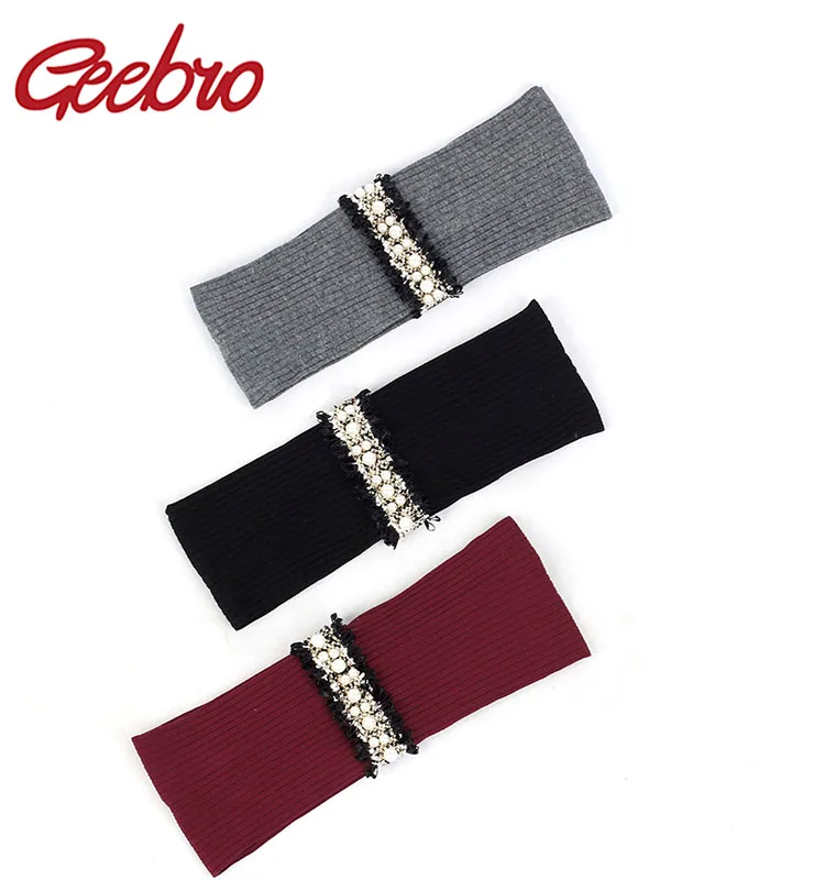 

Geebro Elastic Ribbed Women Yoga Headband Delicate Pearl Beads Lace Stripe Hairband Female Hair Accessories for Lady Girls