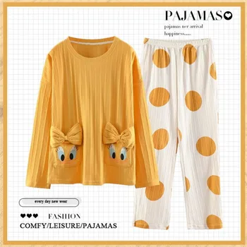 Хлопковая пижама для женщин, милые топы с длинным рукавом и брюки, милая Аниме Пижама, одежда для сна Dorae, Корейская Милая Пижама, наряд