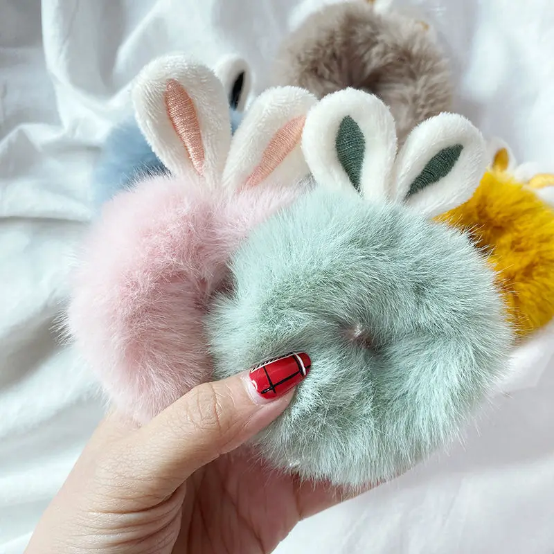 

Cute Sweet Imitation Rabbit Fur Rabbit Ears Elastic Hair Bands Girls Women Fluffy Hair Rings Candy Color Plush Hair Accessories