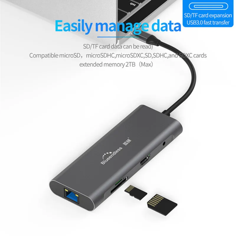 Blueendless 9 в 1 USB C Hub Multiduntion док станция 3 0 4K HD адаптер для чтения карт памяти Type PD