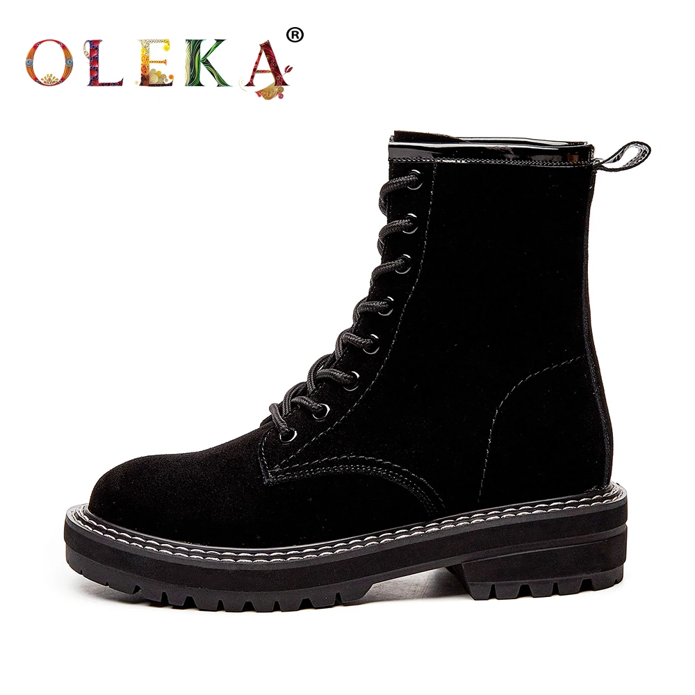 

OLEKA Leather Ankle Winter Platform Riband Round Toe Boots Leisure Style Motorcycle Boots Warm Short Plush New Shoes 2020