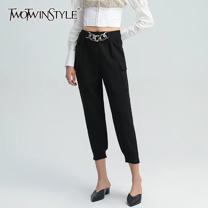 

TWOTWINSTYLE Patchwork Sequined Pant For Women High Waist Pockets Designer Loose Cargo Trouser Female 2020 New Safari Style Tide