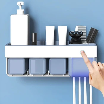 

Waterproof Toothbrush Holder with Cups Toothpaste Makeup Partition Storage Rack Punch Free Bathroom Accessories Sets