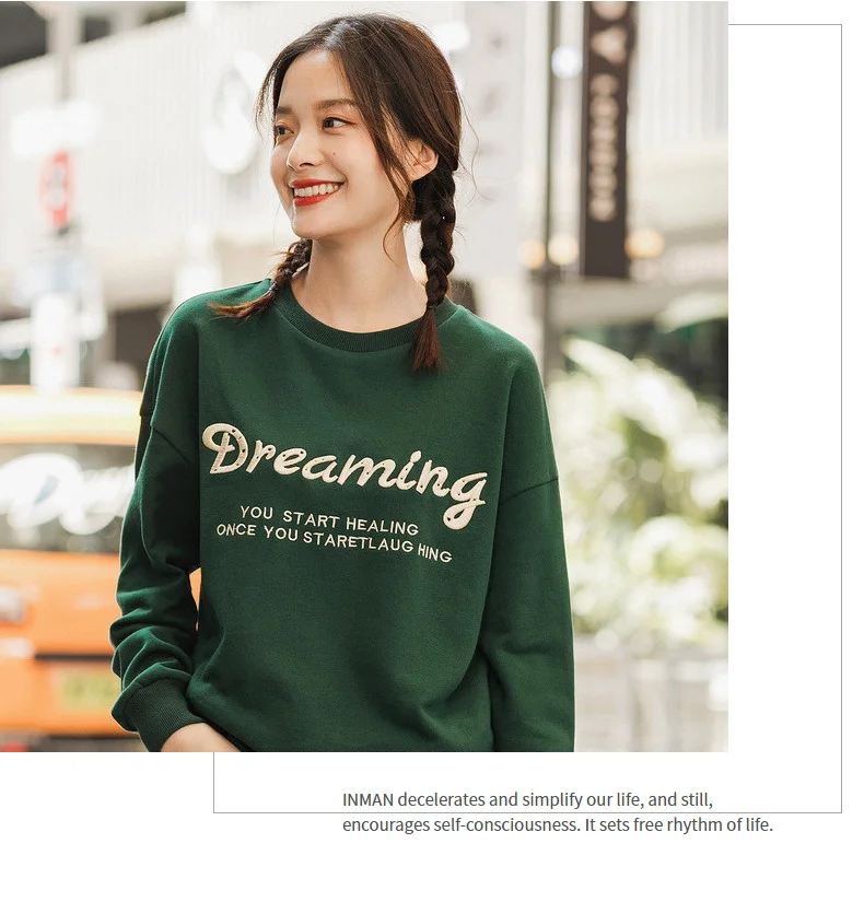 INMAN Winter New Arrival Literary 100%Cotton O-neck Personality Drop-shoulder SLeeve Loose Women Sweatshirts