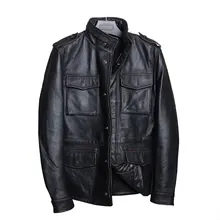 Винтажная Черная Мужская сафари кожаная куртка с четырьмя карманами размера плюс XXXXL из натуральной толстой воловьей кожи для русской осени