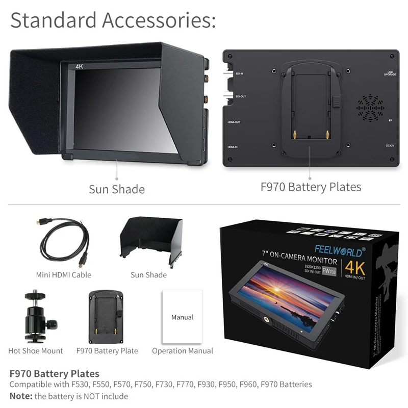 Fw703 7 дюймов Ips 3g Sdi 4K Hdmi Dslr монитор Full Hd 1920x1200 на поле камеры монитор с гистограммой для стабилизатора камеры s R