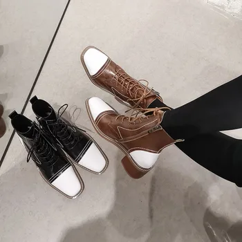 

Royesic Thick heel short boots women's leather autumn / winter 2020 heels square head single boots women Mid heel ankle boots