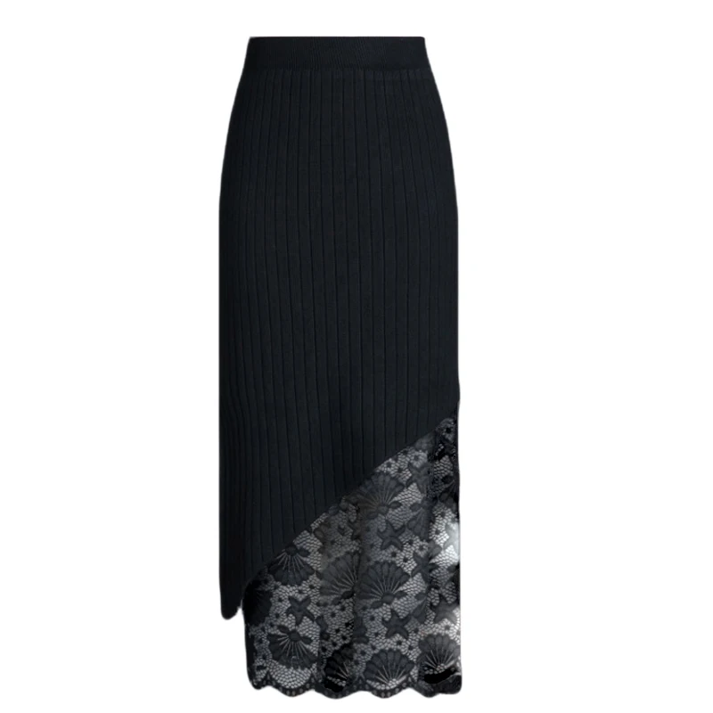 Elegant Women Lace Knitting Skirt 2019 Winter High Waist Double Wearing Irregular Sweater Knitted Long Black Skirt