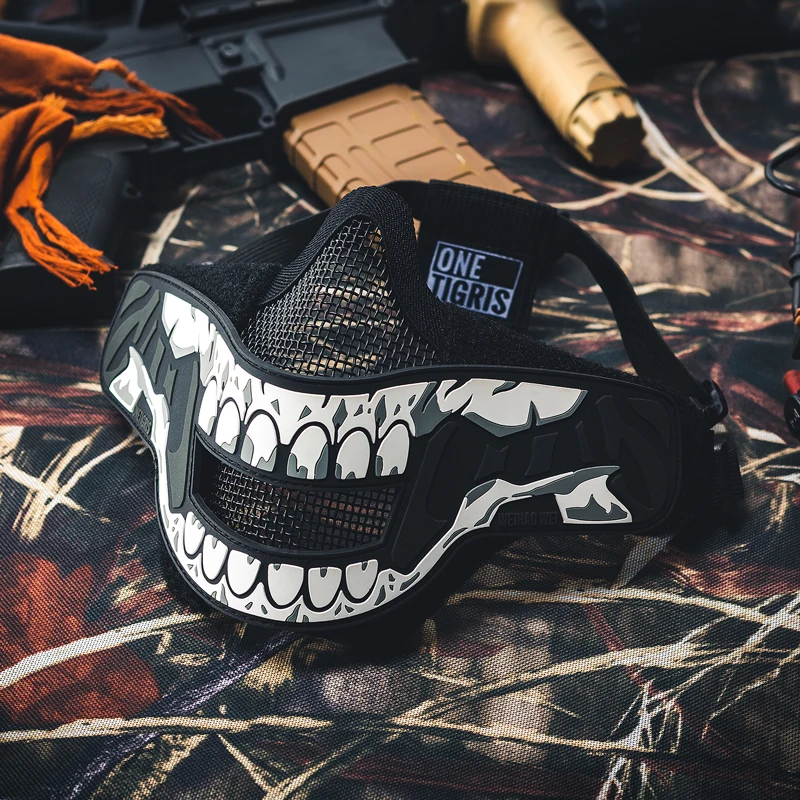 OneTigris Tactical Foldable Mesh Mask XStorm Airsoft Mask & Patch Combo for Airsoft Paintball With Adjustable Elastic Belt Strap