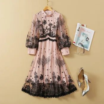 

European and American women's wear 2020 winter new style Lantern sleeve long sleeve collar Fashionable embroidered pink dress