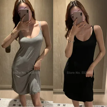 

2020 Modal Cotton Soft Elastic Nightgown For Woman Pure Color Spaghetti Strap Backless Sexy Loungewear Pajama Night Dress Female