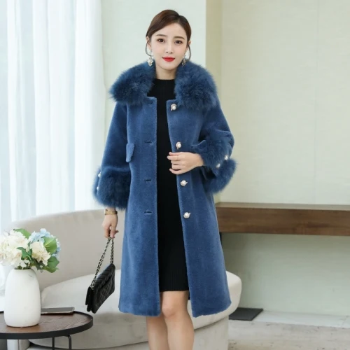AYUNSUE зимняя куртка с воротником из лисьего меха, пальто из натурального меха для женщин, корейские шерстяные меховые пальто и куртки для женщин, длинные элегантные 098 KJ3614 - Цвет: Blue