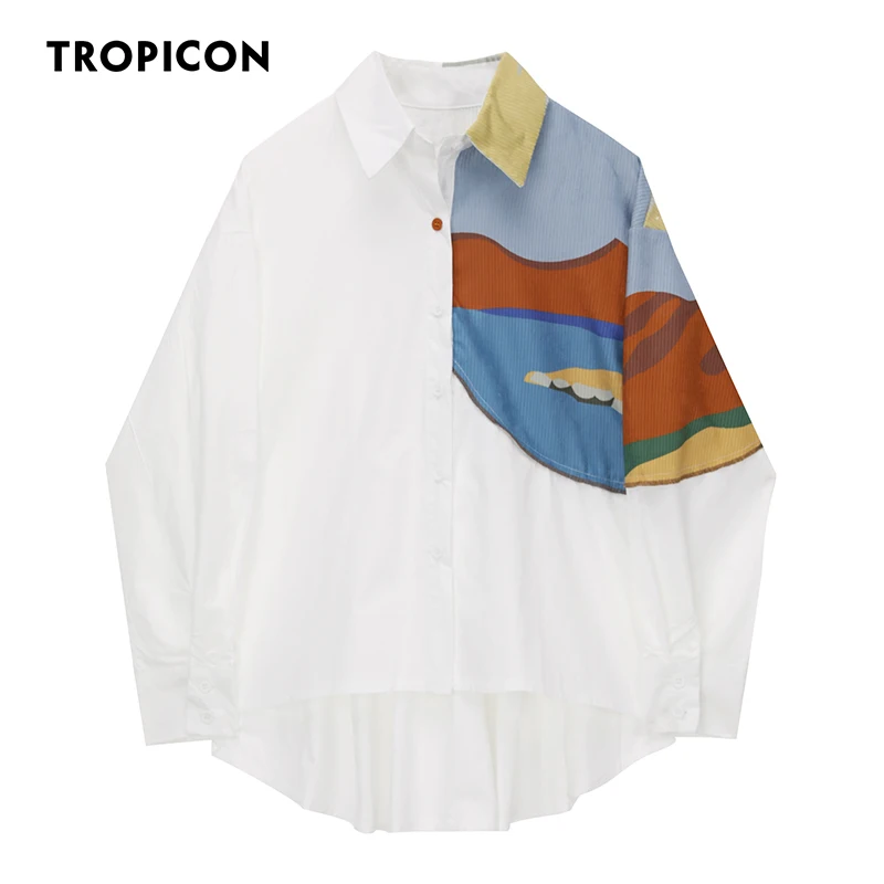 

TROPICON High Fashion White Patchwork Corduroy Aesthetic Shirt For Women Long Sleeve Button Up Designer Shirt Autumn 2021