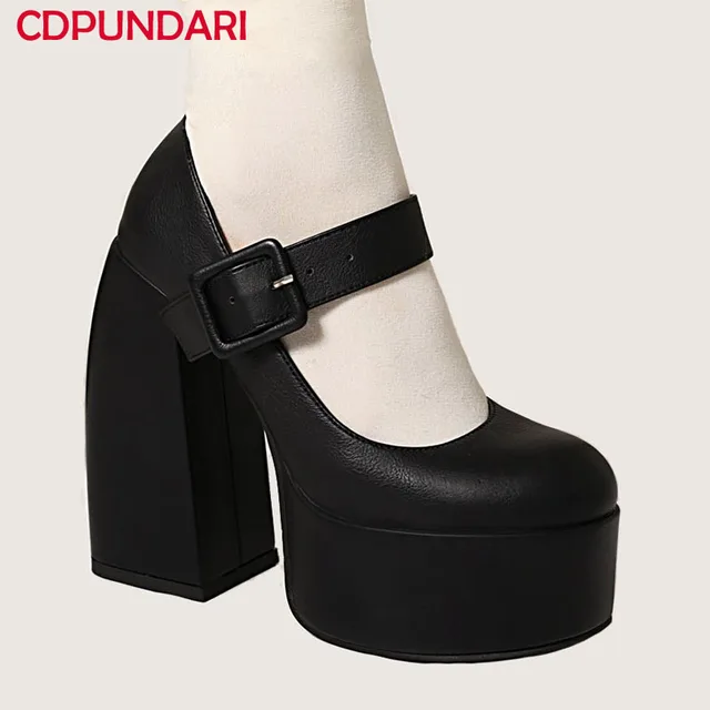 Black White Mary Janes Super Thick High Heels Platforms Pumps For Women Casual Spring Summer Shallow Party Chunky Shoes Ladies 5