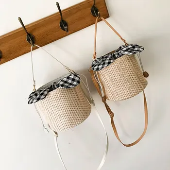 

2020 New Arrival Women's Handbag Straw Woven Fashion Casual Bucket Bag Beach Vacation Plaid Lined Shoulder Bag