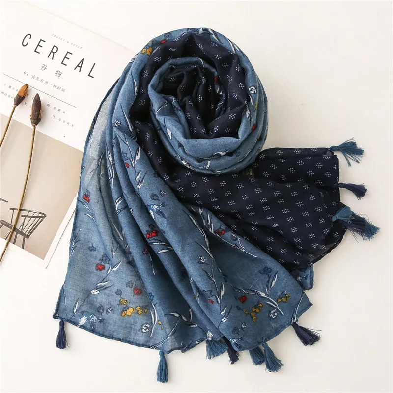 2024 Spanien Luxus Marke Marineblau Schöne Blumen Quaste Viskose Schal Schal Dame Hohe Qualität Wrap Stirnband Bufandas Moslemisches Hijab – Detail 28