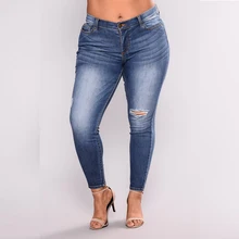 

DOIB Women 7XL Blue Jeans Women Light Blue Slim Pencil Hole Fashion Denim Jeans Large Size Trousers Elastic Washing Pants