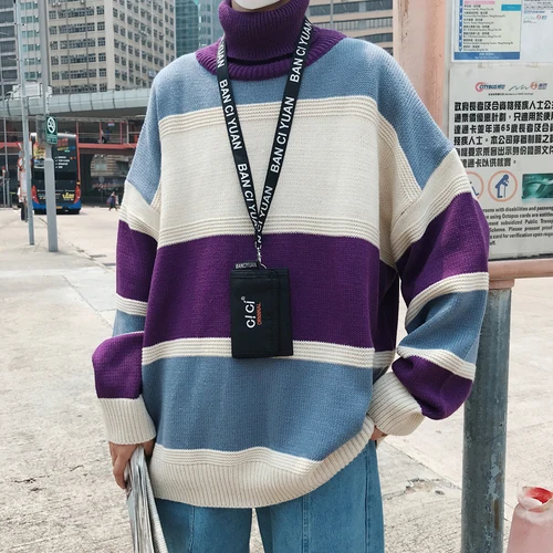 purple Новинка, зимняя одежда, контрастный цвет, модный Повседневный свитер, Мужская водолазка, свитер, уличная одежда, хип-хоп, мужская одежда - Цвет: purple