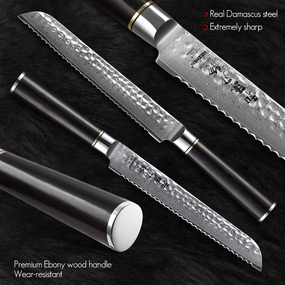 HEZHEN 8inch Bread Knife Damascus Steel Serratd Blade Toast Slicing Kitchen Knives Cut Cake Service Slicer Cheese Cook Knife