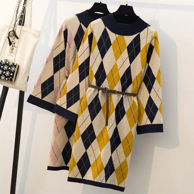 

Large size women's Autumn Winter Sweater Dress loose Matching Color rhombic long Sleeve Plus Size Female Warm dress sweater