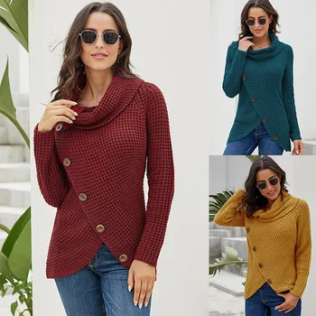 

Button-type Turtleneck Sweater Women's Long-sleeved Hem Asymmetric Design Autumn And Winter New Pullover Knitted Sweater