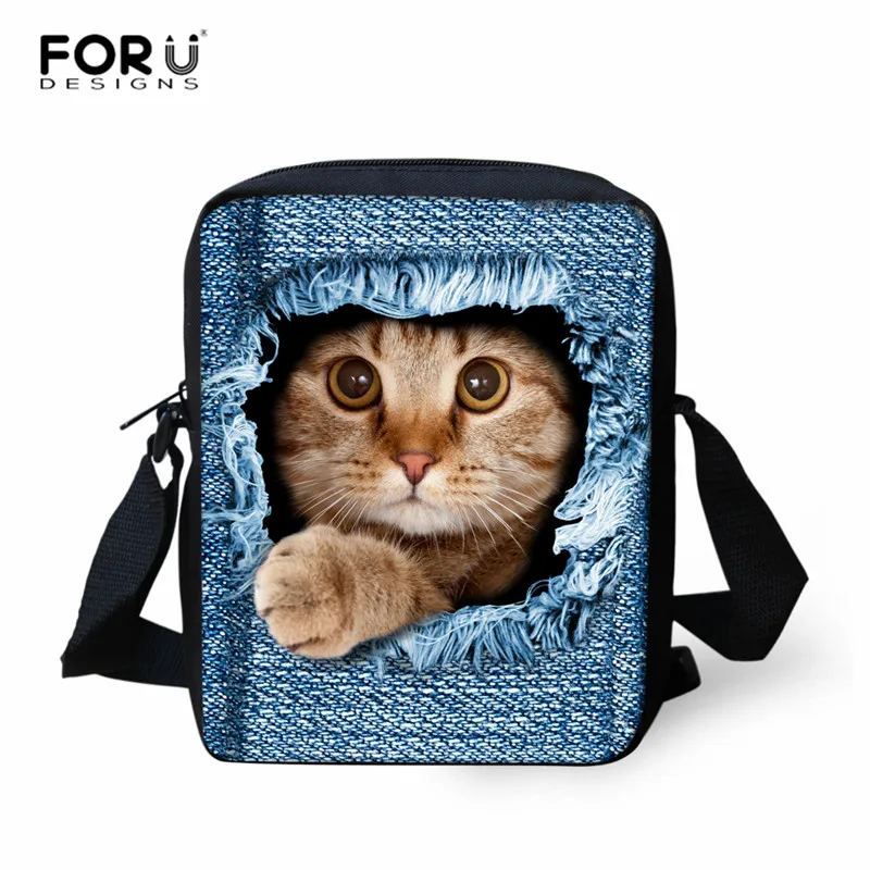 FORUDESIGNS/джинсовая сумка мессенджер с котом для женщин и мужчин повседневная