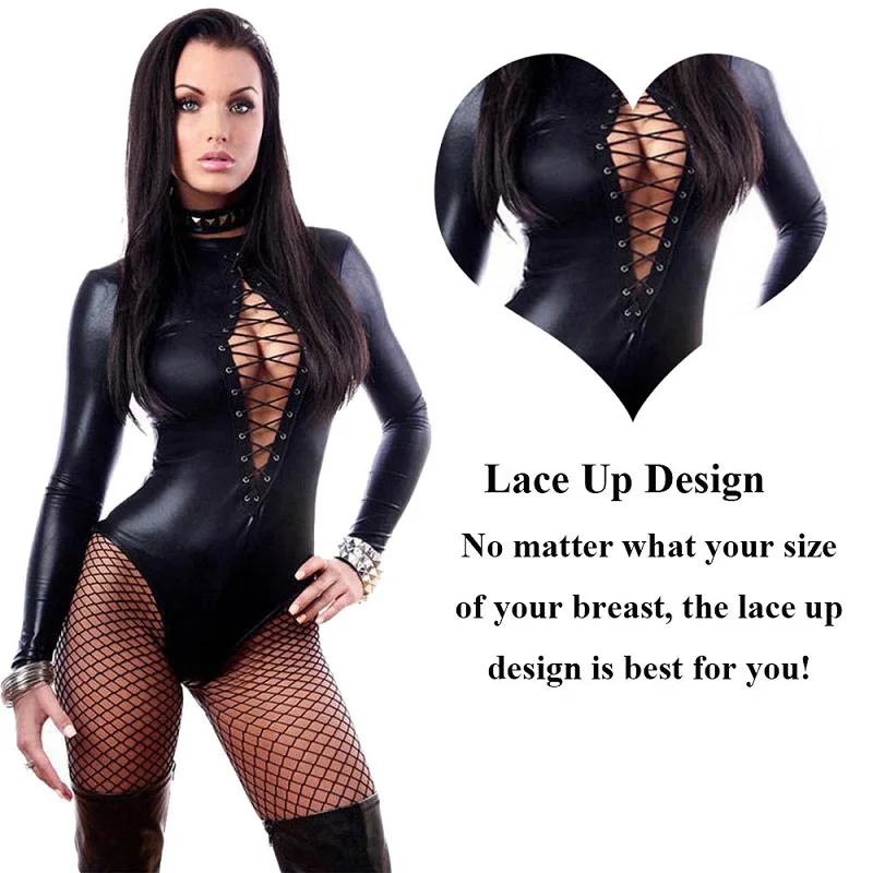 Women Sexy Black Vinyl Leather Lingerie Bodysuits Erotic Leotard Costumes Rubber Flexible Hot Latex Catsuit Costume