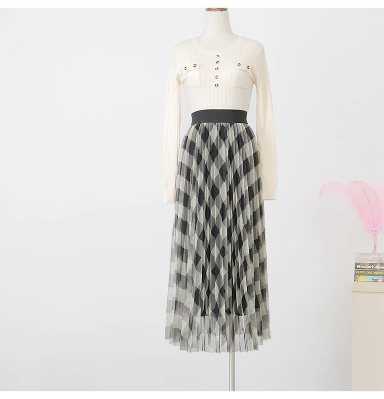 Mesh skirt female new autumn retro high waist plaid skirt
