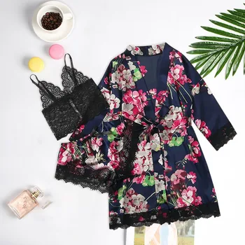 

3pc Satin Silk Pajamas Set Women Robe Gown Set Lace Lingerie Women Underwear Sleepwear Printed Stitching Lace Nightwear #3