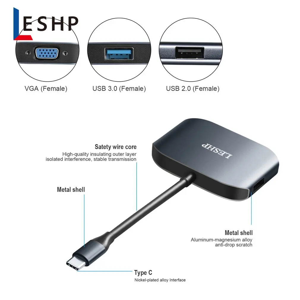 USB-C к USB 3,0 и USB 2,0 и VGA конвертер кабель адаптер алюминиевый сплав type-C концентратор адаптер для устройств type-C UC28