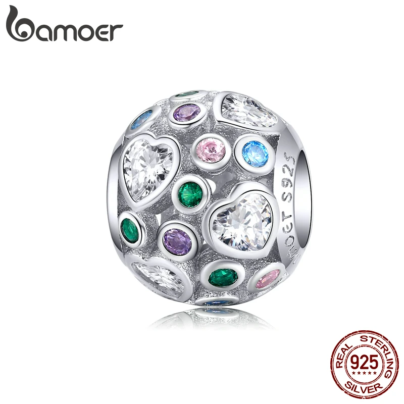 

bamoer Openwork Heart CZ Colorful Round Metal Beads for Women Jewelry Making 925 Sterling Silver DIY Bracelet Jewelry BSC183