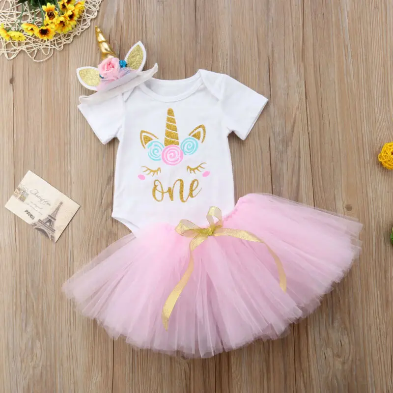 

3PCS Baby Girls Unicorn Romper Tutu Skirts Dress Headband Outfits Clothes Set Princess Set