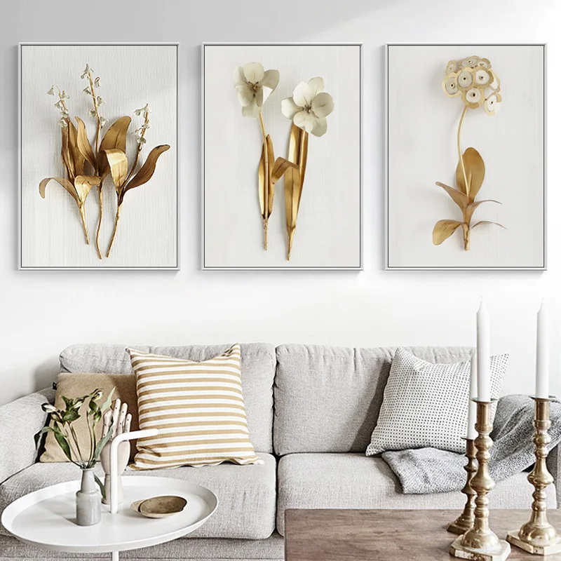 

Gold-Tone Plant Flowers Northern European-Style Living Room Decorative Painting Modern Minimalist Creative Cool Abstract Entranc