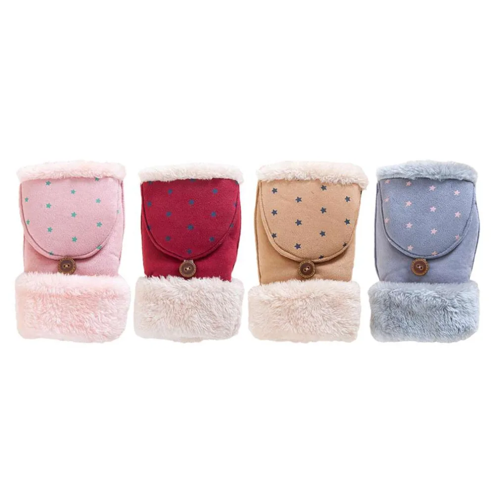 

Fashionable Design Women Student Children Girls Winter Lovely Winter Keep Warm Star Dot Pattern Half Covered Gloves With Velvet
