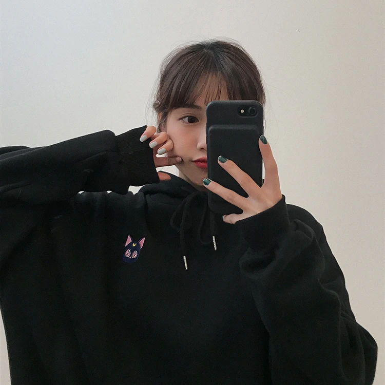 Вышитые Луна кошка розовые толстовки для женщин Kawaii корейский стиль свободная толстовка с капюшоном пуловеры