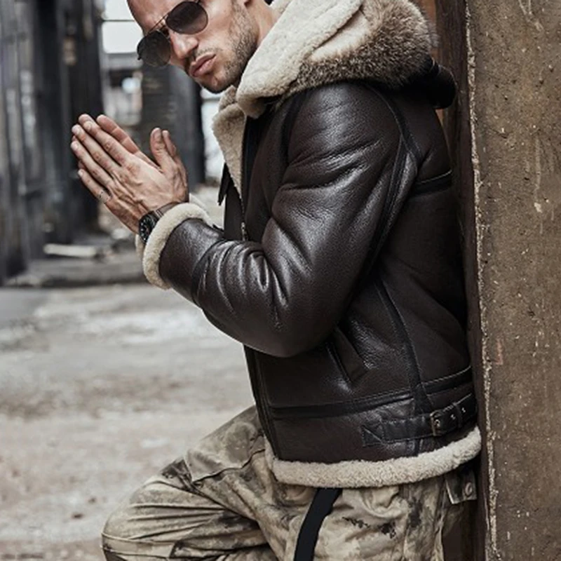 Reviews Men's Jackets Fashion Winter Warm Aviator RAF Fur Collar Hooded Coat Faux Leather Jacket Male Casual Thick Outerwear Autumn