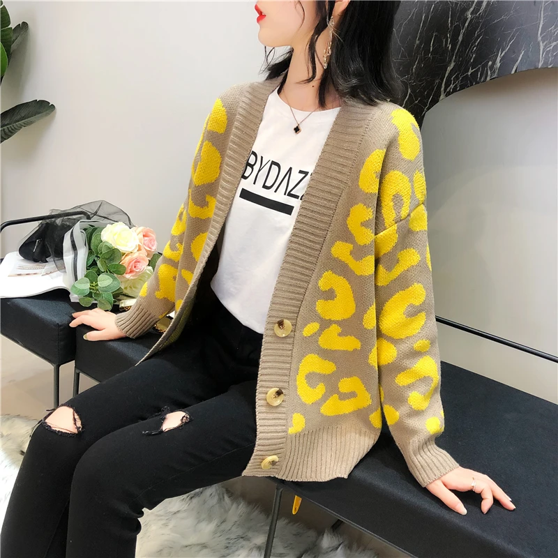 Новый осенний вязаный свитер 2019 Модный женский леопардовый кардиган Harajuku